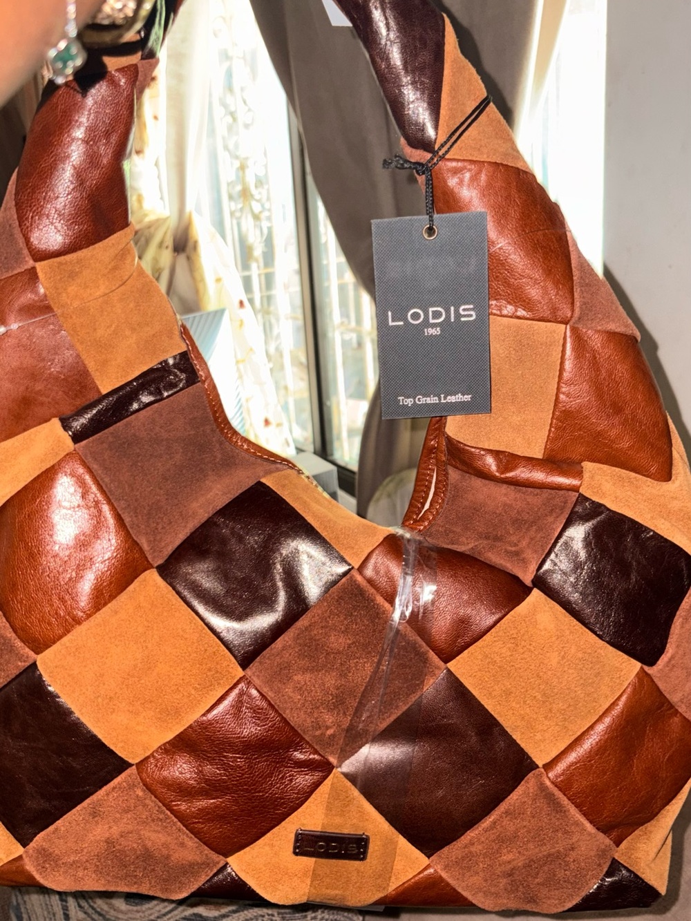 Lodis Patchwork Leather & Suede Shoulder Bag in Brown & Tan - Picture 5 of 14